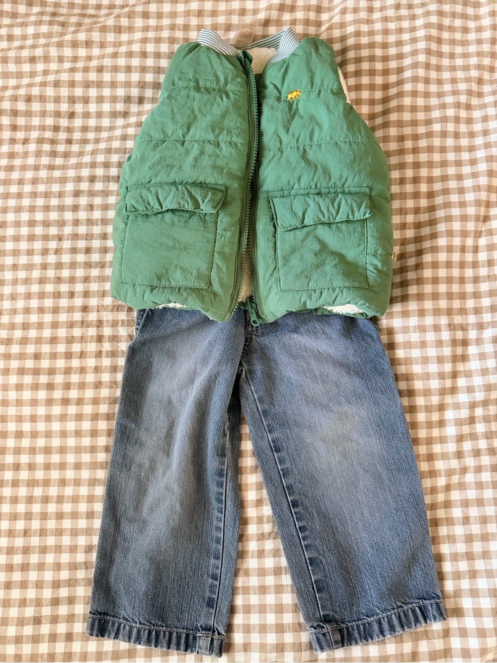 BearPaw Green Quilted Kids Vest and Cherokee Cargo Jeans